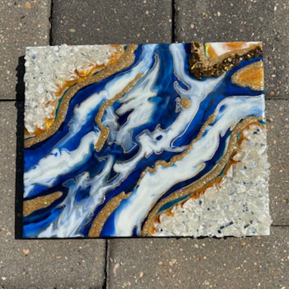 Blue, White and Gold Geode Wall Art, Acrylic, Resin, Crystals, 8x10